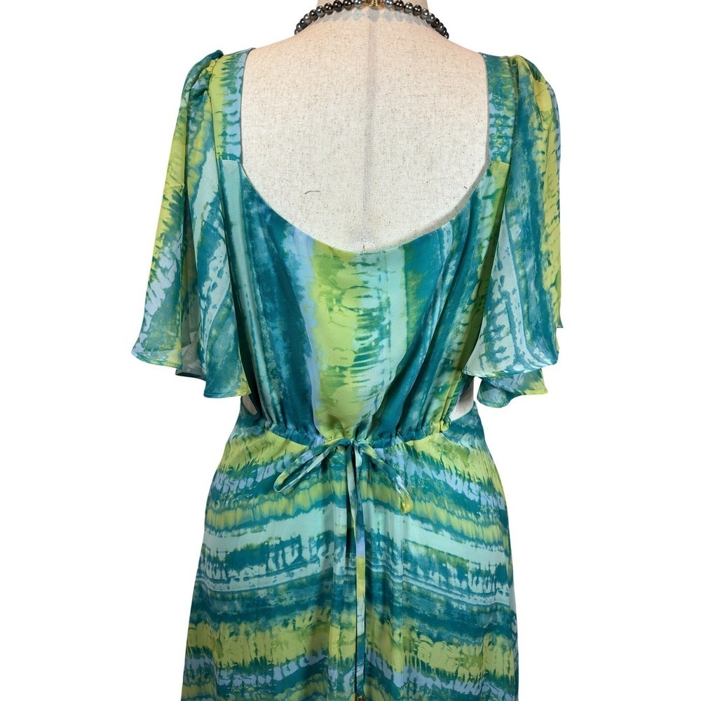 Boho Tie Dye Maxi Dress size 14 Chiffon Flutter Sleeve Cut Out Side High Low Hem - Picture 5 of 11